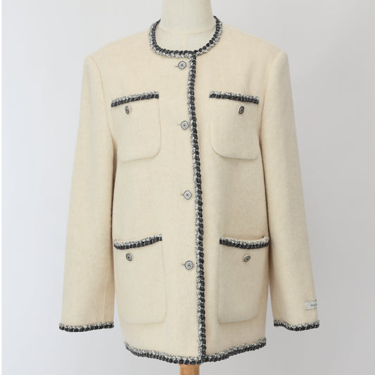 J-04　ジャケット アイボリー ノーカラーツイード